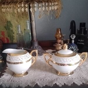 White & Gold Porcelain Sugar and Creamer Set
